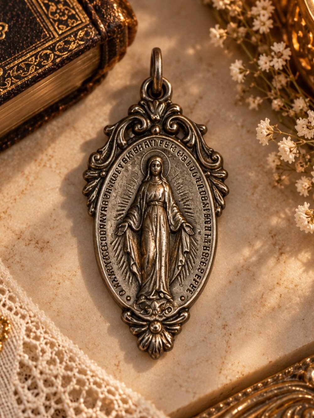 Vintage Miraculous Medal Pendant Silver Tone Antiqued Catholic Charm